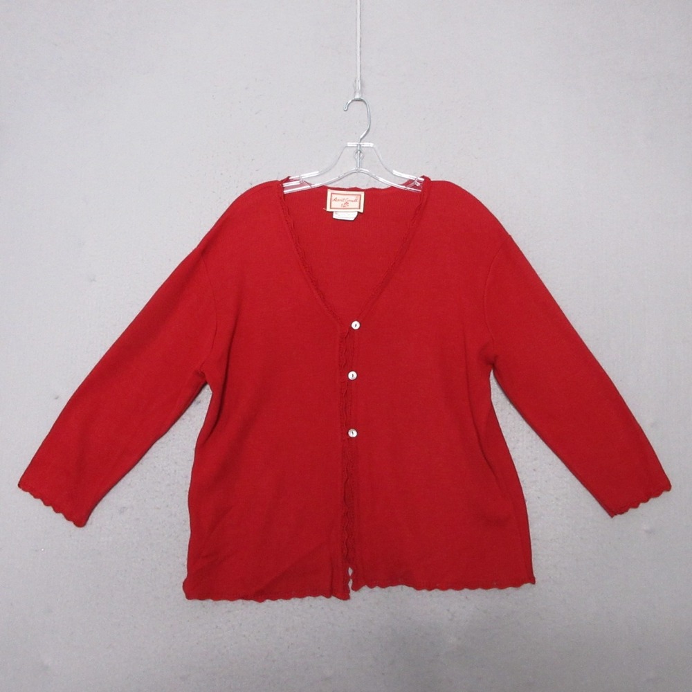Vintage April Cornell Sweater Cardigan Red Crochet Hem‎ Prairie Cottage Core